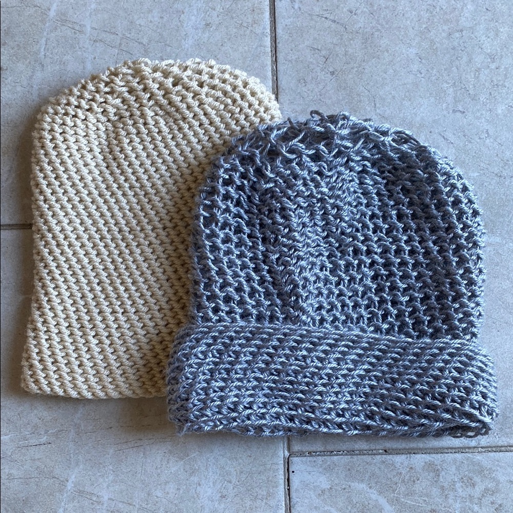 Set of 2 Handmade Crochet Beanie Hats - Cream & Silvery Grey